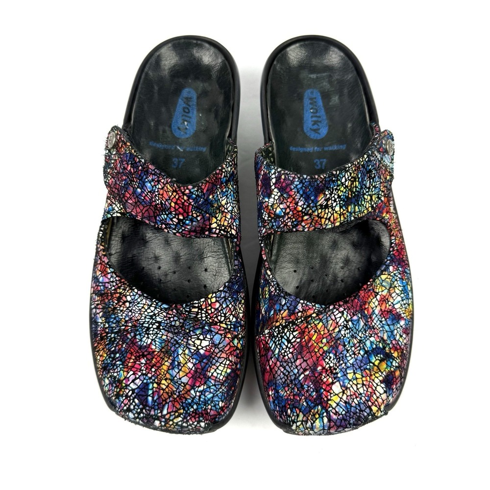 Wolky Mules 37 Leather Colorful Whimsical Shoes Womens Festival Artsy Shoes 6.5